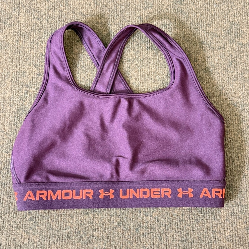 Under Armour Womens Mid Keyhole Sports Bra Purple Orange Logo Medium Compression